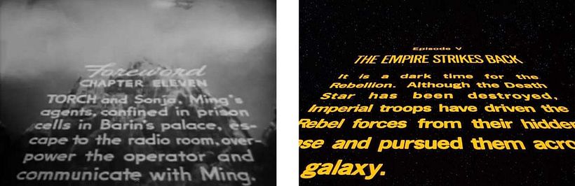 Eröffnungskriechgänge aus Flash Gordon (1940) und Stars Wars Episode V (1980).