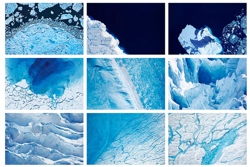 Dibujos en pastel de plataformas de hielo e icebergs en la Antártida y en Groenlandia, de zariaforman.com.