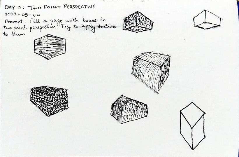 Day 9: Two-point perspective; Prompt: Fill a page with boxes in 2-point perspective. Try to apply textures