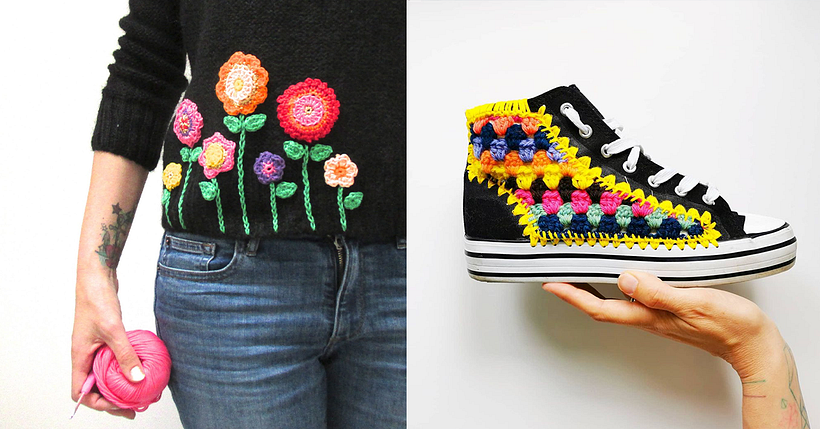 Exemplos de truques para renovar roupas usando a técnica do upcycling com crochê por Emma, da Steel and Stitch
