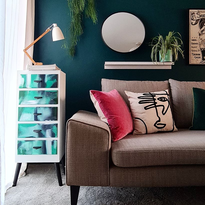 Abstract Chest of Drawers in situ and staged with a mix of vintage and new pieces. 
