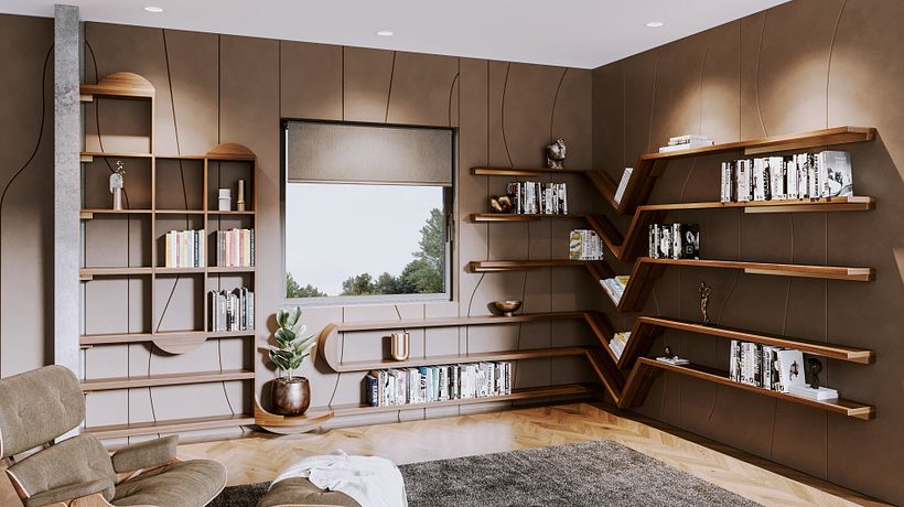 Custom floating library made from black walnut with brass supports.