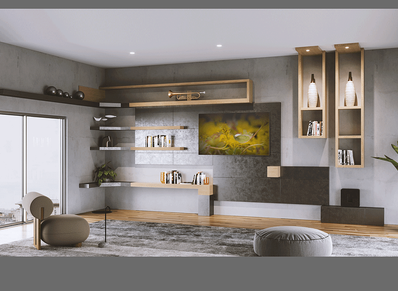 Custom TV wall with floating shelving made from white oak and patinated aluminum.