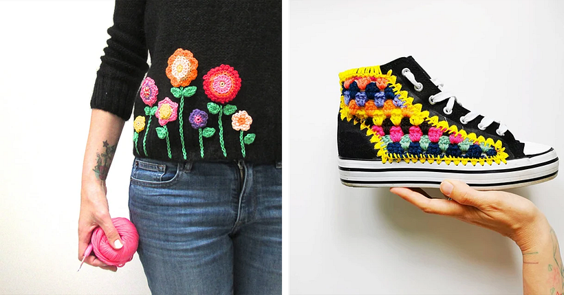 Beispiele für Verzierungen zum Upcycling von Kleidung mit Häkeltechnik von Emma von Steel and Stitch.