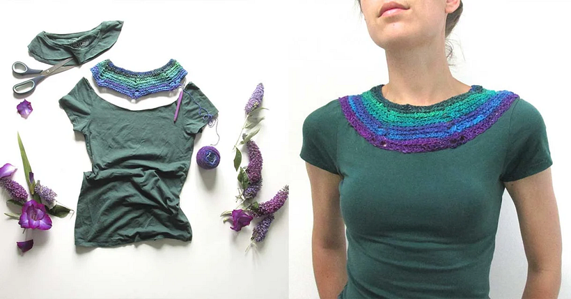 Eine neue gehäkelte Passe für ein altes T-Shirt, by @steelandstitch.