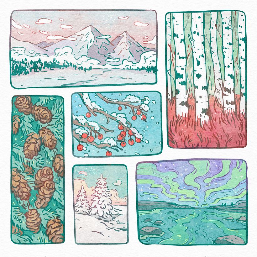 Digital winter paintings from Pinterest reference 
