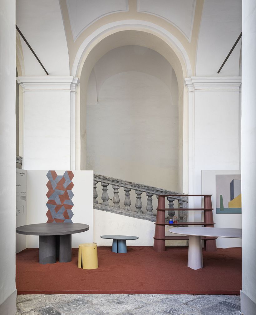 Spaccanapoli Tile, Atlante Dining Table, Varco Stool, Fusto Oval Coffee Table II, Fusto Bookshelf II, Fusto Oval Dining Table