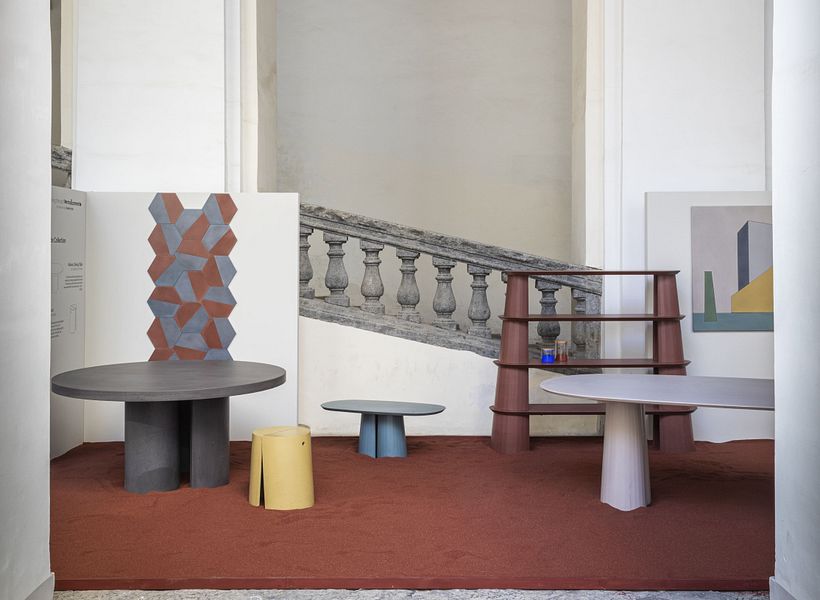 Spaccanapoli Tile, Atlante Dining Table, Varco Stool, Fusto Oval Coffee Table II, Fusto Bookshelf II, Fusto Oval Dining Table