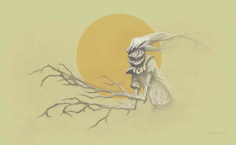 "Scarecrow": This began as a pencil sketch, but became a more elaborate illustration in the digital realm.