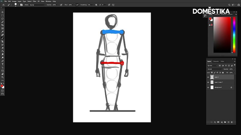 A male character tends to have broader shoulders and narrower hips. For a female character, it's the opposite.