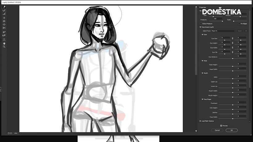 Using the Liquify (Shift+Ctrl+X) tool in Photoshop is a unique way to add curves and dimension to your character.