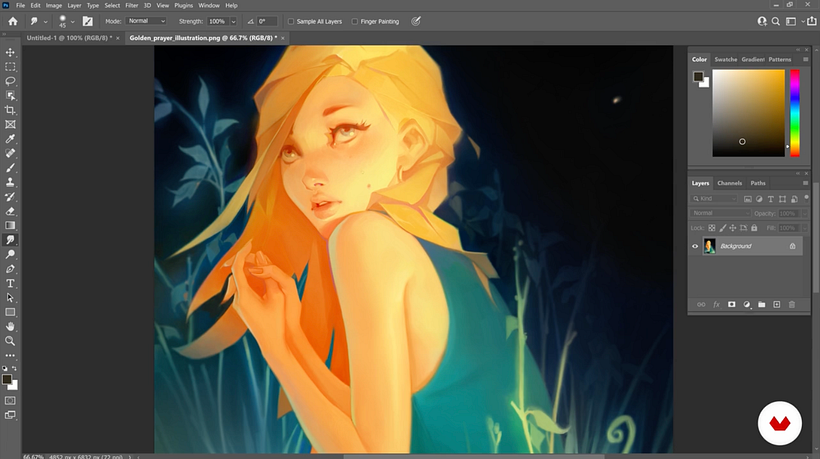Georgi uses custom brushes and the Smudge tool to create a smooth, blended effect.