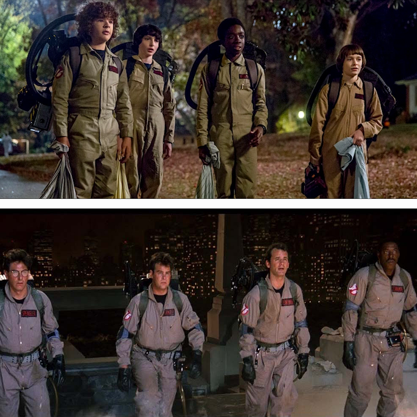 Lucas, Mike, Dustin, and Will dressed up in the iconic "Ghostbuster" outfits for Halloween (top); the Ghostbusters (bottom).