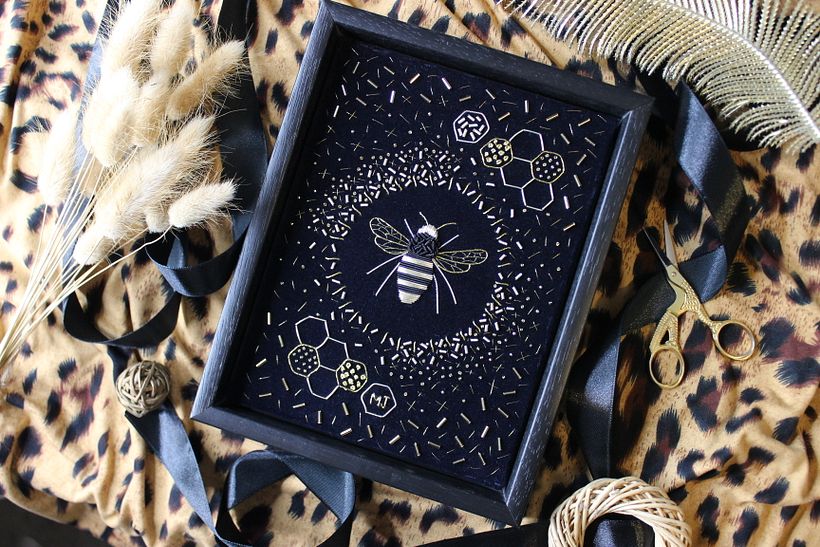 Goldwork Bee on Navy Velvet 5