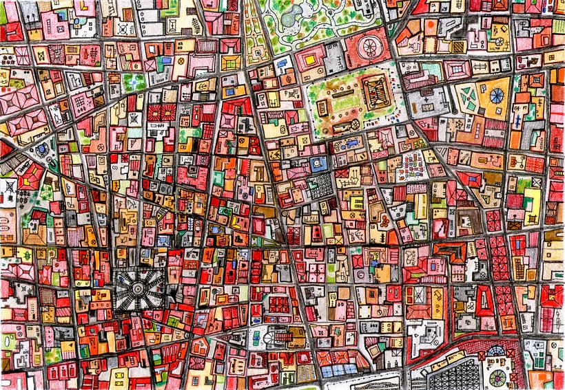 "Ciudad Vieja" A4, mix media. Si, tengo fascinacion por los mapas.