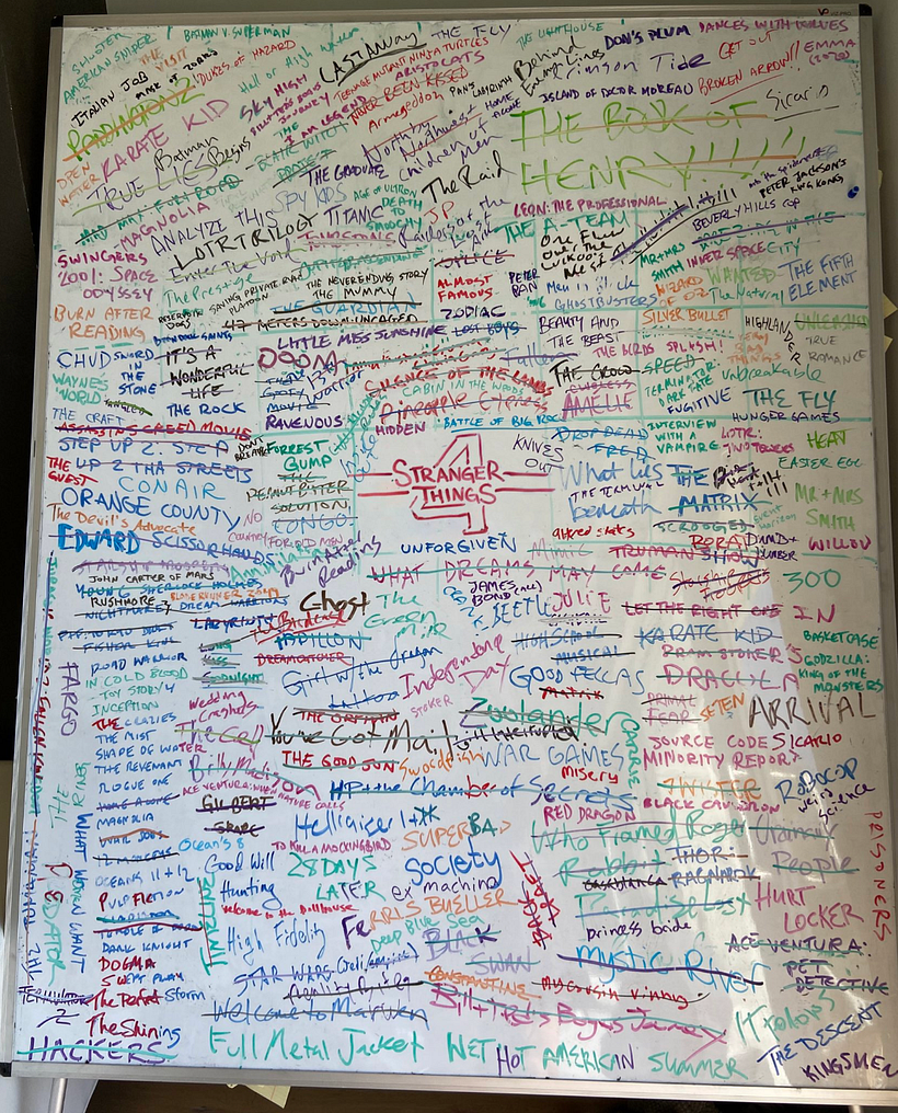 Ein Whiteboard mit Filmreferenzen mit "der DNA, die die vierte Staffel ausmacht". @strangerwriters, via Twitter.