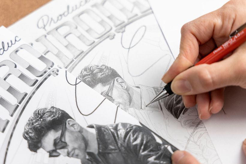 I can start the drawing, with a print of my photomontage next to me for guidelines