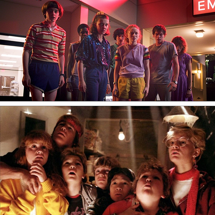 La pandilla de Stranger Things 4 (arriba); Los Goonies (abajo).