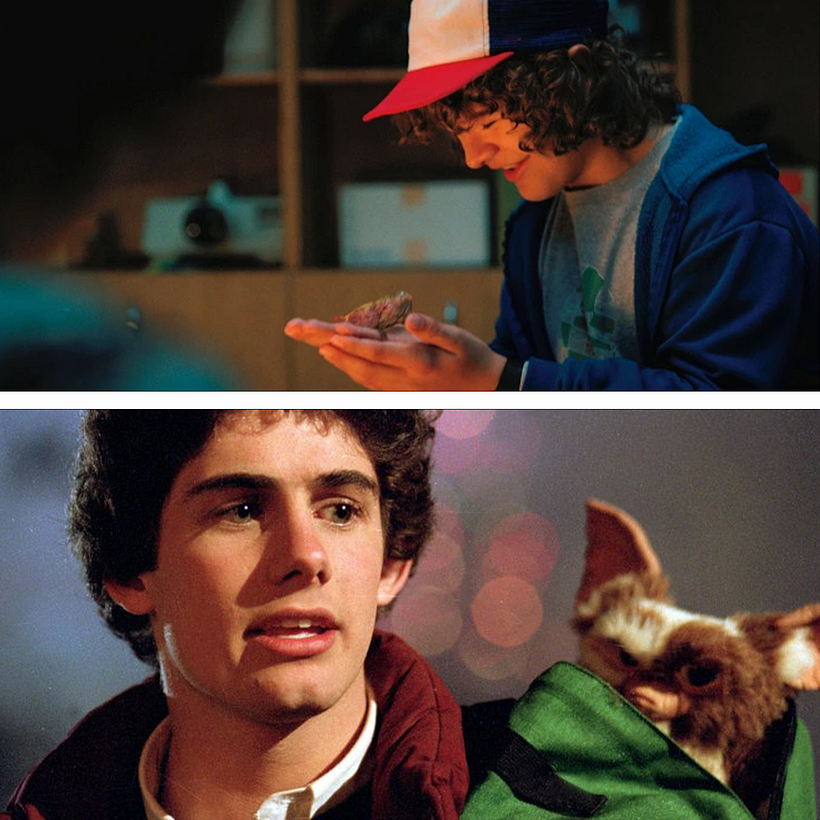 Dustin cuidando a un demogorgon bebé (arriba); Billy cuidando a un gremlin (abajo).