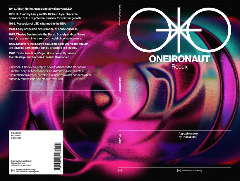 The final cover design for ONEIRONAUT: Redux, incorporating both front and back cover, spine and all contents.