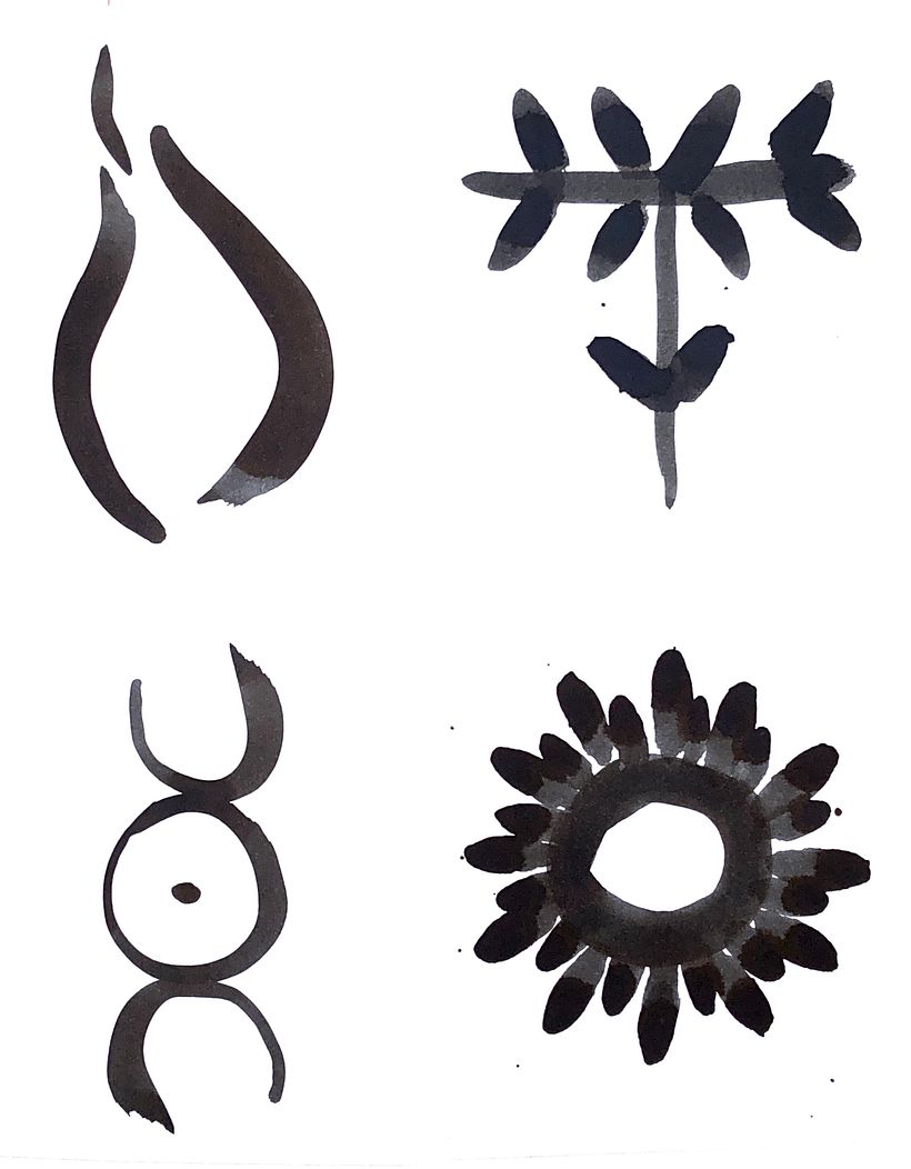 Seed and origin - india ink and calligraphy (left to right: fruit, flower, moon, flower)