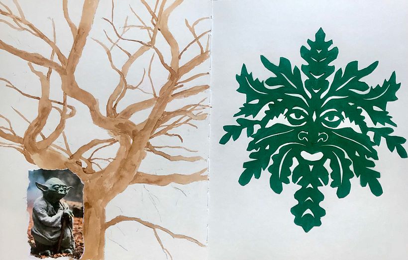 Trees in Myth and Story: Collage, Cut Paper, Drawing