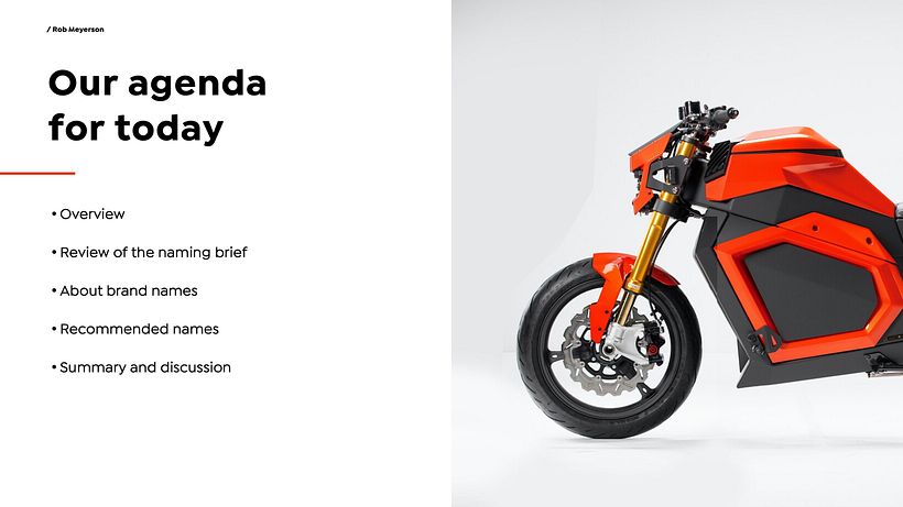 Agenda: Naming brief review and "About brand names" prime the audience before names are shared.