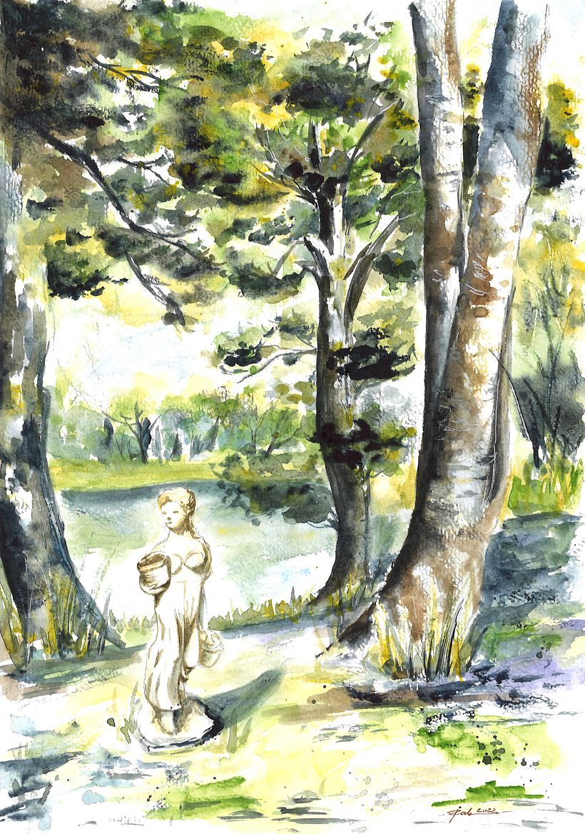 Sculpture by the pond.