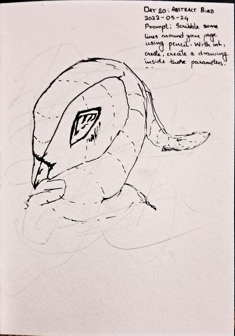 Day 20: Abstract bird; Prompt: Scribble some lines with a pencil. With ink, create a drawing inside those parameters