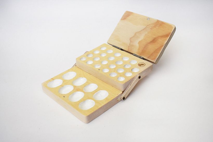 Un estuche lleno de estanques y concavos para hacer mezclas y almacenar pinturas a base agua.