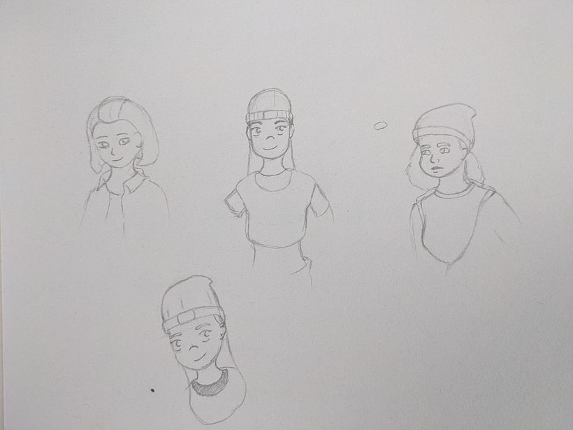 Exploring the face: The final face (bottom) mixes eyebrows and pointy beanie of the right sketch and the face of center