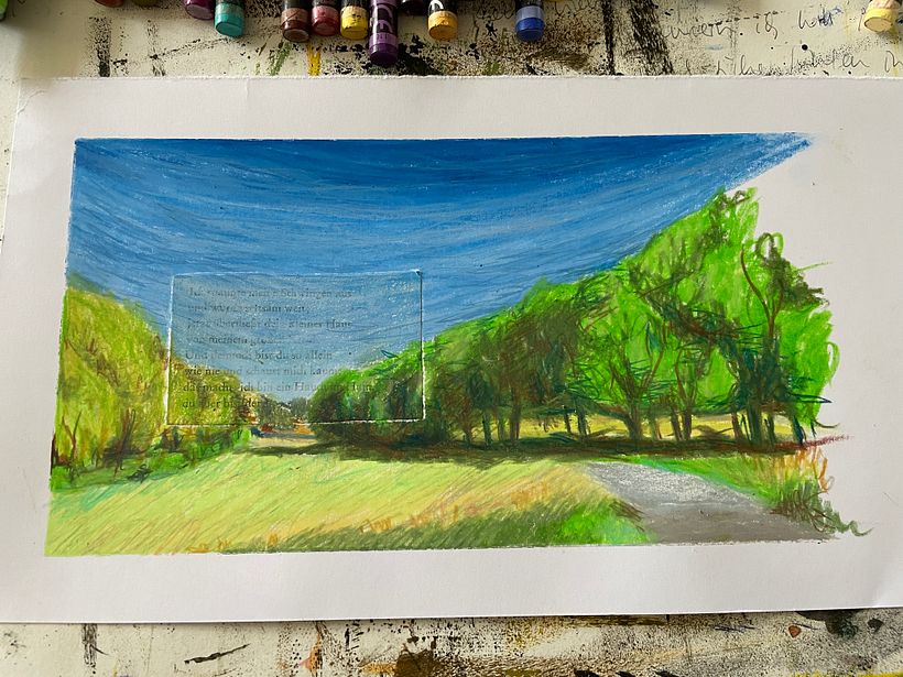 Wachspastell über Collage auf Bristol-Papier