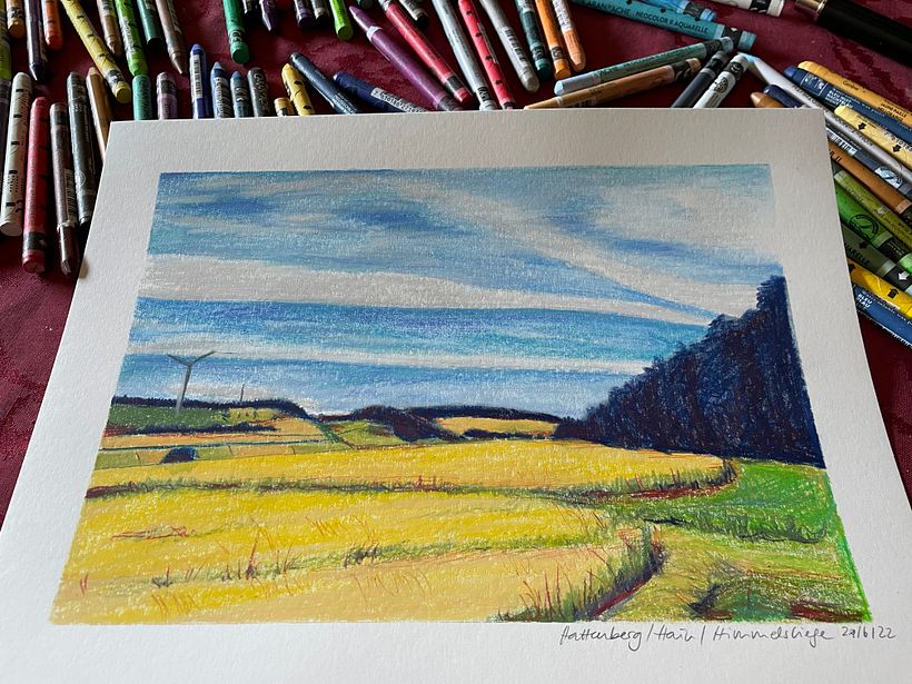 Wachspastelle auf Fabriano Hot Pressed Aquarellpapier, die unterste Schicht besteht aus Derwent Inktense, mit Wasser vermalt.