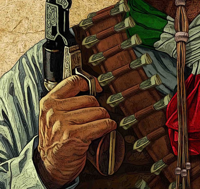 Rulo halindeki dolarların bulunduğu tabanca ve fişek kayışının detayı.