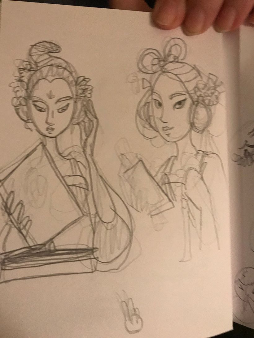 Study of ancient Chinese girl in modern music shop
