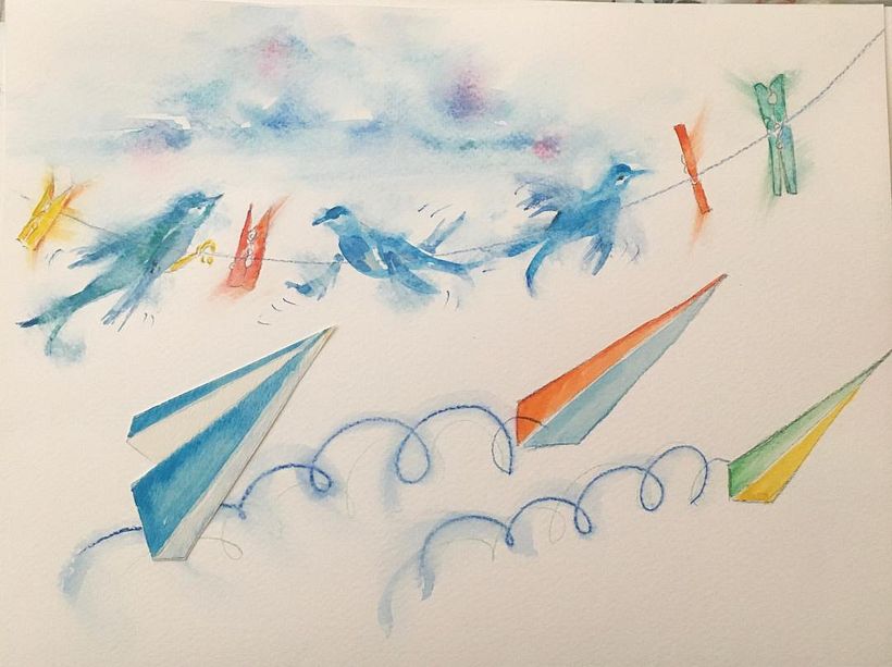 Flurry blurry birds on clothes line
