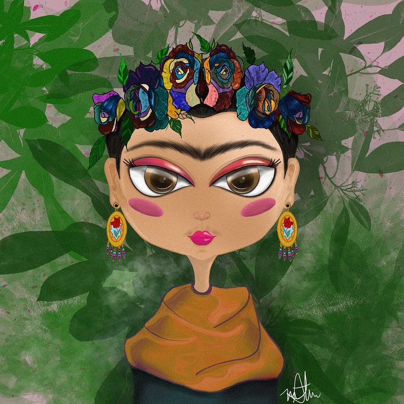 Ilustración digital de Frida creada en iPad con el software Procreate. 