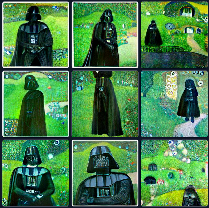 Darth Vader explores his new home in the style of Gustav Klimt. Images made with Craiyon.