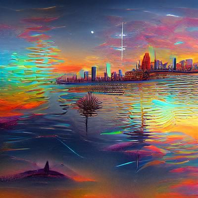 Text to image creation with the prompt "city skyline across the water at sunset" on Nightcafé.