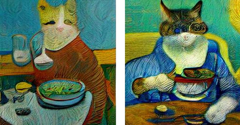 Text to image using the prompt "Cats eating soup in the style of Van Gogh" on Craiyon.