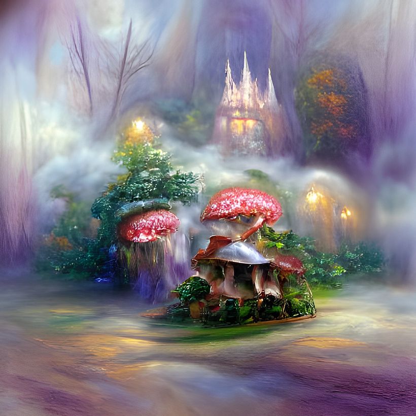 Text to image with the prompt "A mushroom house in a fairy forest" on Nightcafé.