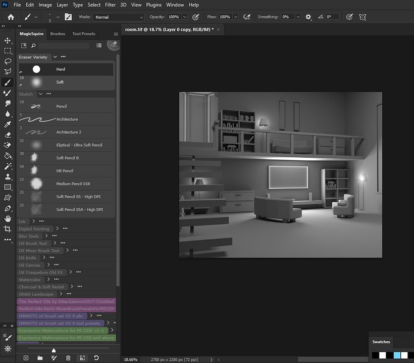 I made this shot in 3D with Maya software to find a good perspective.