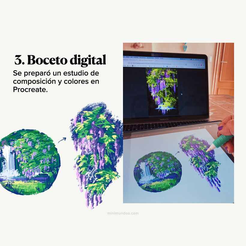 Paseo entre glicinas con técnica gouache 9