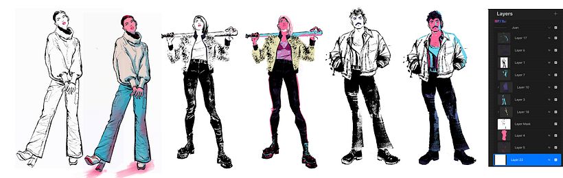 Al colorear los personajes añado detalles, corrijo proporciones y coloreo o pierdo líneas.