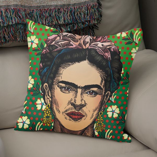 Portrait of Frida Kahlo printed on home decor and clothing, by @r_siverio.