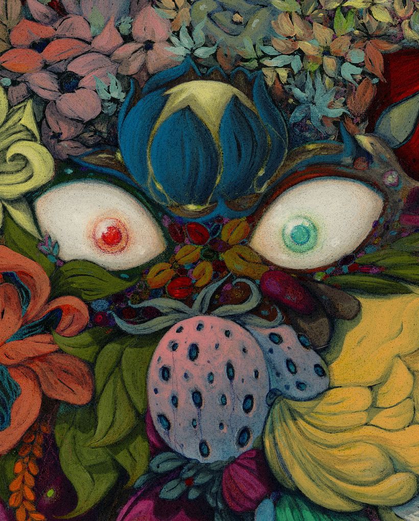 Detalle de los ojos (Debajo del ojo verde puede verse un pelo de mi gato que se me escapó al escanear...!)