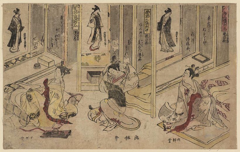 “Tríptico pergaminos colgantes Jugando con la realidad” (1750) de Nishimura Shigenaga. De Ukiyo-e Search y MFA.