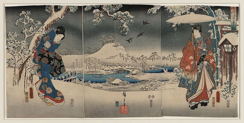 La “Historia de Gengi” en escenas de nieve (1853) de Utagawa Kunisada y Andō Hiroshige. Imagen de la Biblioteca del Congreso.