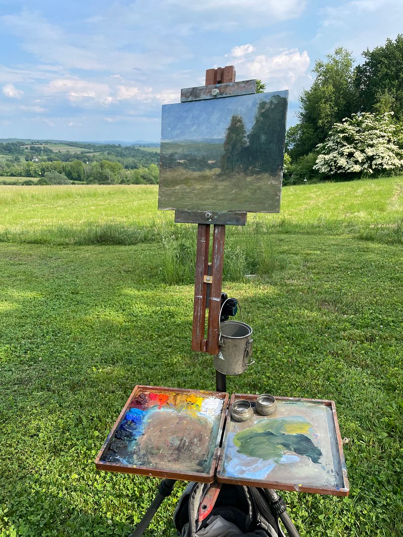 My Set-up and my Palette. Same colors I use in studio. Look at the greens you can mix with blues and yellows
