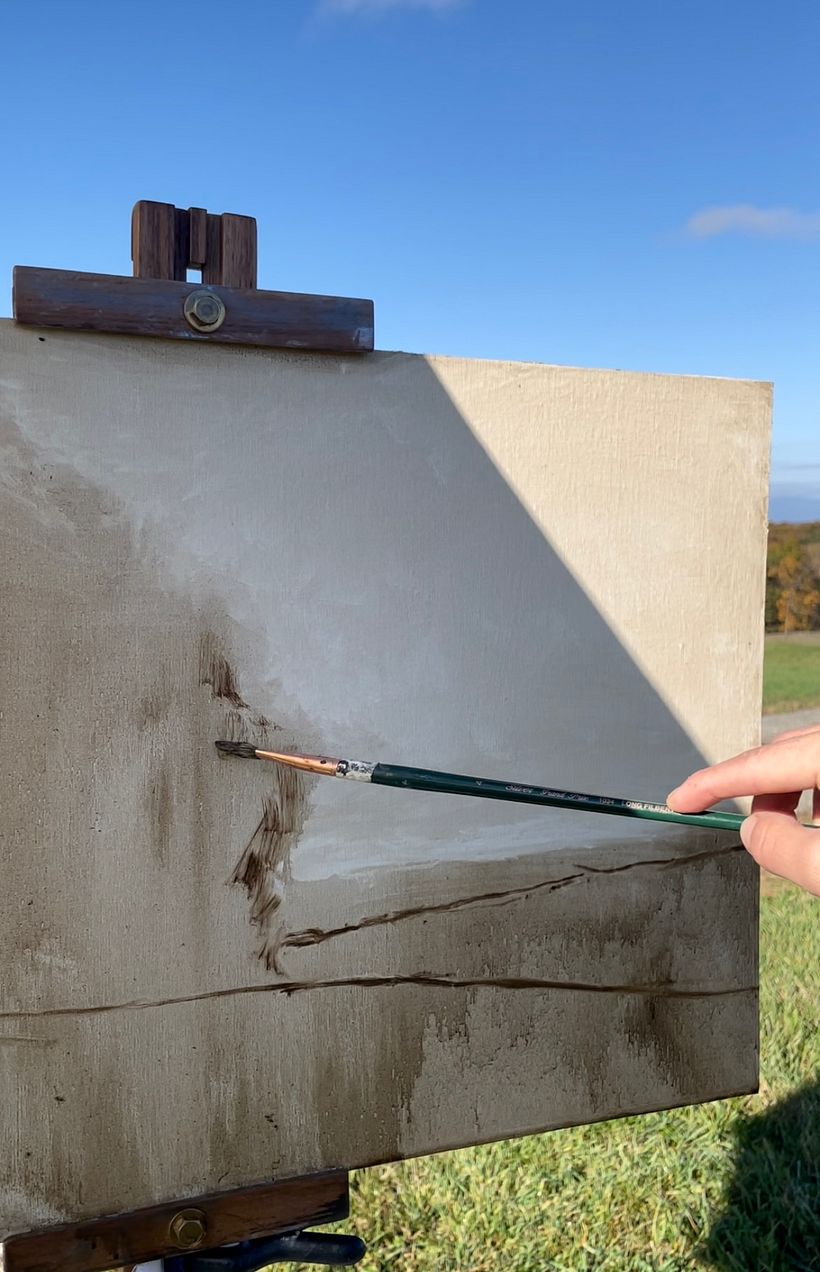 Begin adding the drawing and darker tones using Raw Umber and Solvent
